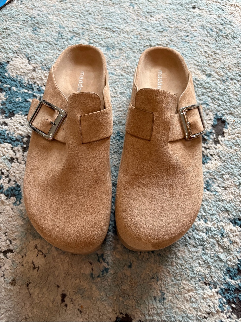 Madden Girl Suede Buckle Clog Mules in Tan